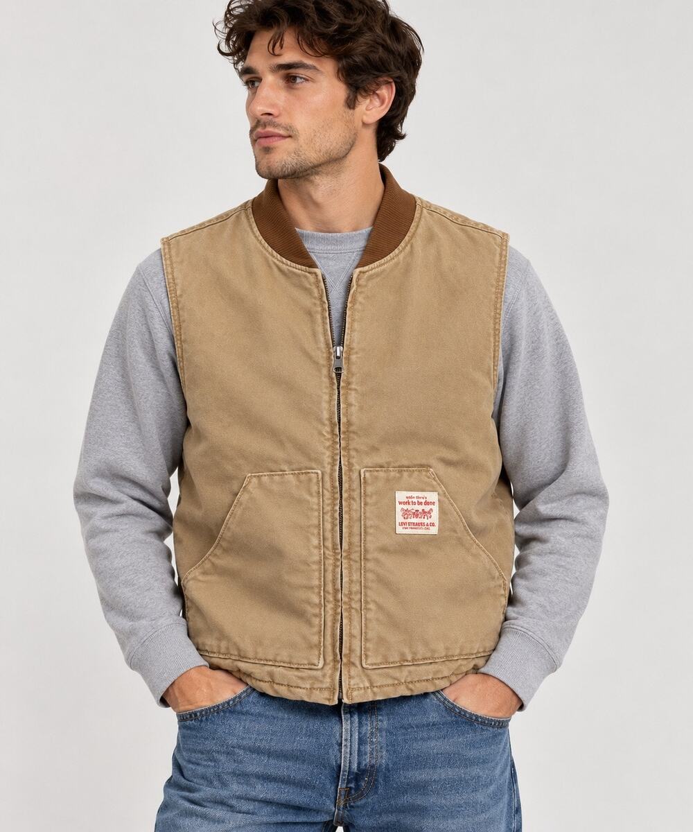 Levi’s Men’s Relaxed Canvas Workwear Vest Small Tan Brown Quilted Lined Utility